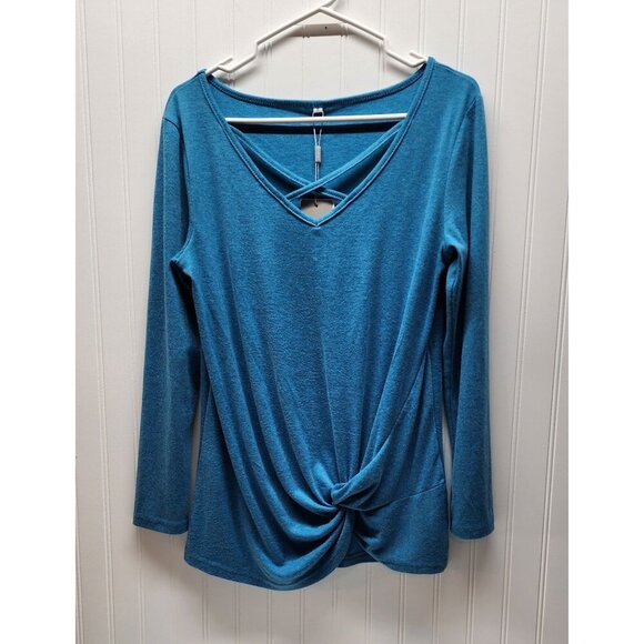 NWT- Niashot Criss-Cross V-Neck Long Sleeve Drape Top - Blue Small - Picture 2 of 13
